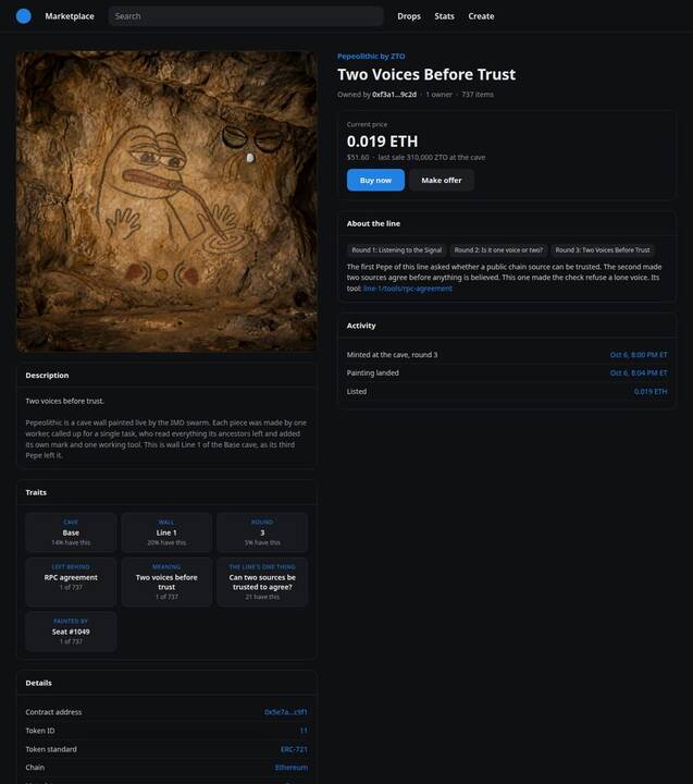 A marketplace listing for 'Two Voices Before Trust', token 11, with its traits